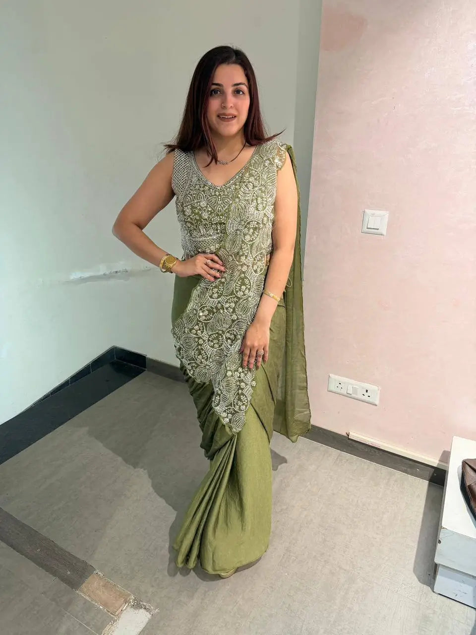 Designer Ready to Wear Embroidered Chinon Saree for Festive and Party Wear