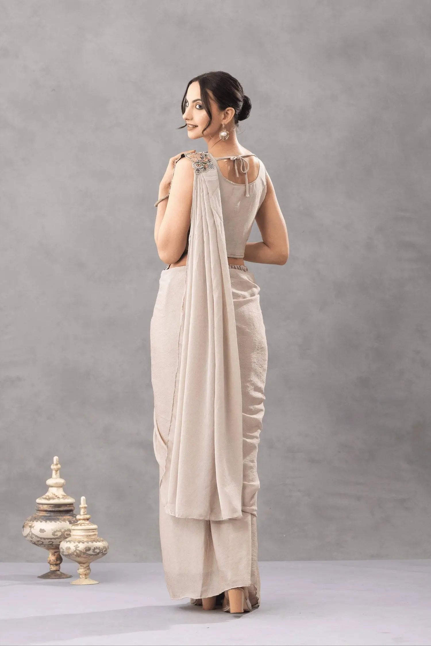 Designer Ready to Wear Embroidered Chinon Saree for Festive and Party Wear