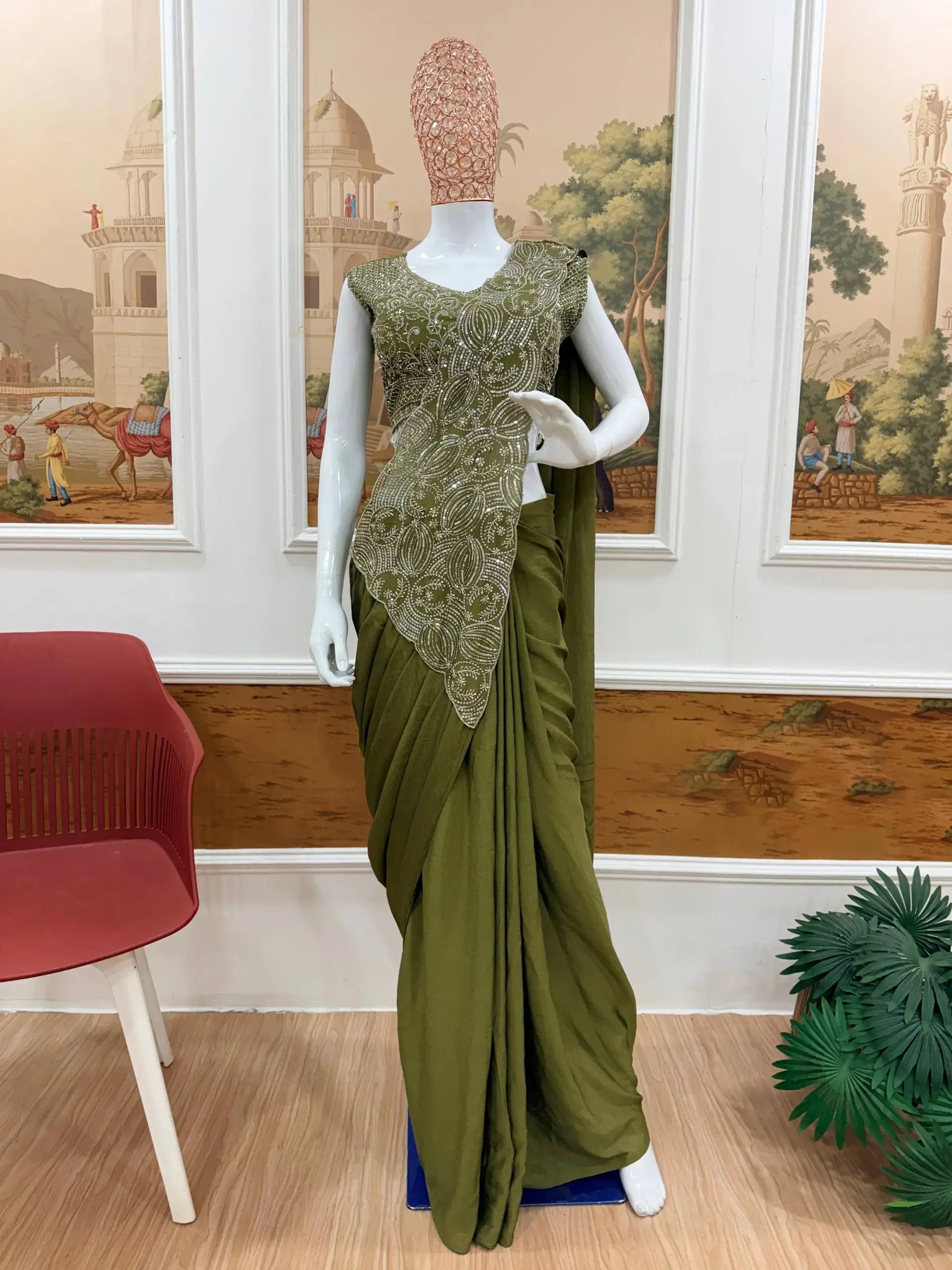 Designer Ready to Wear Embroidered Chinon Saree for Festive and Party Wear