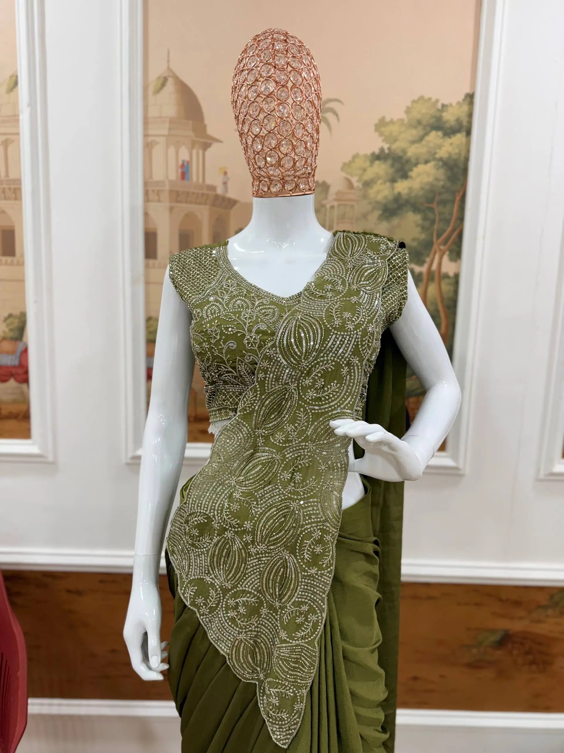 Designer Ready to Wear Embroidered Chinon Saree for Festive and Party Wear