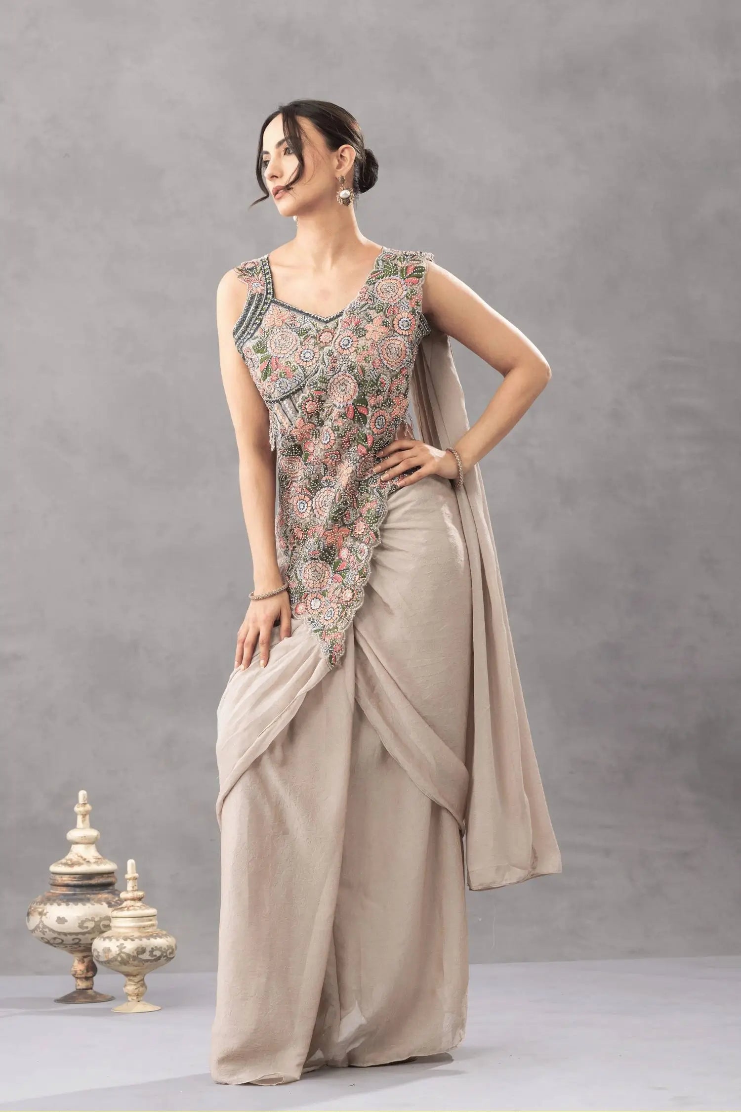 Designer Ready to Wear Embroidered Chinon Saree for Festive and Party Wear