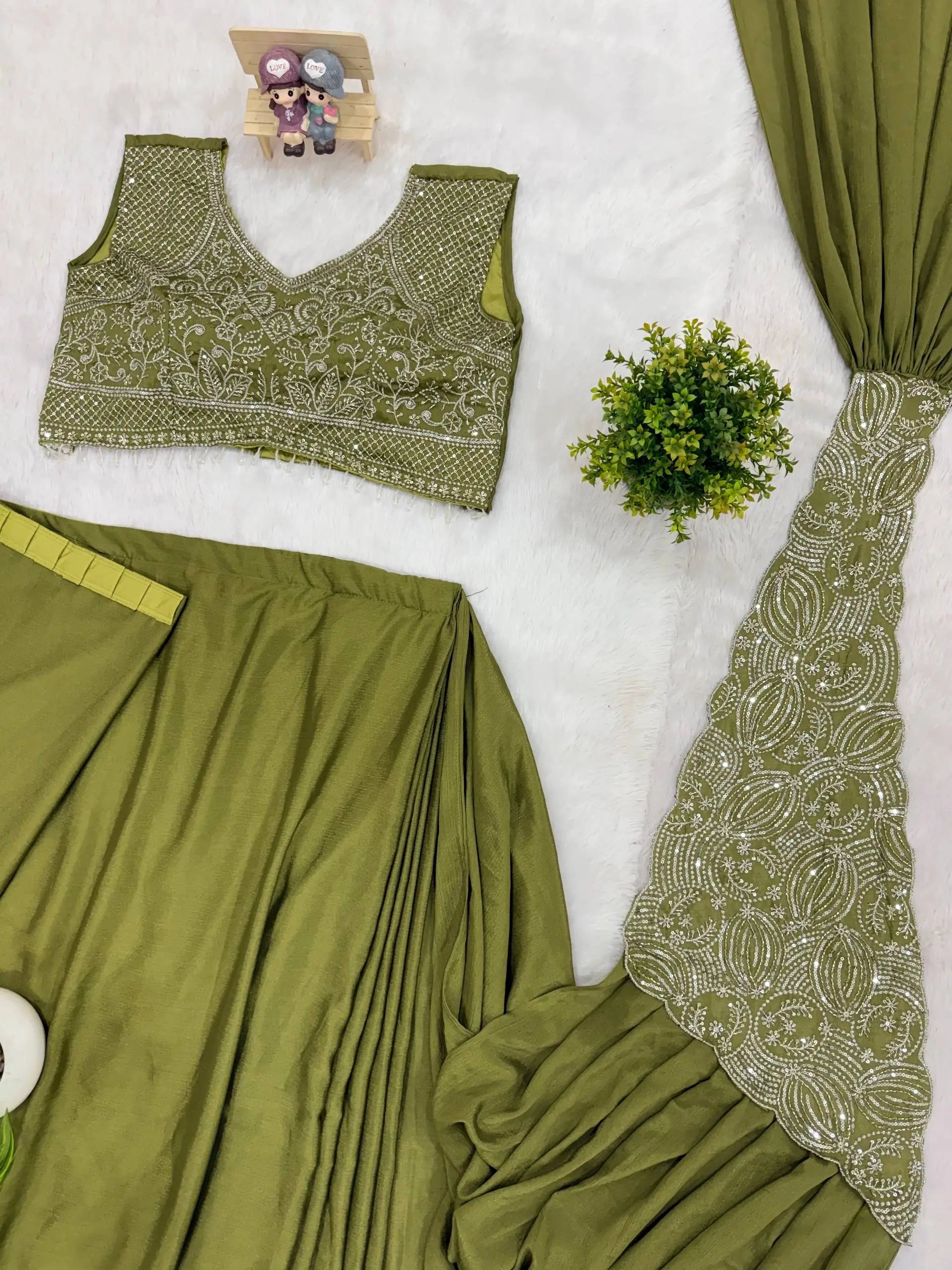 Designer Ready to Wear Embroidered Chinon Saree for Festive and Party Wear