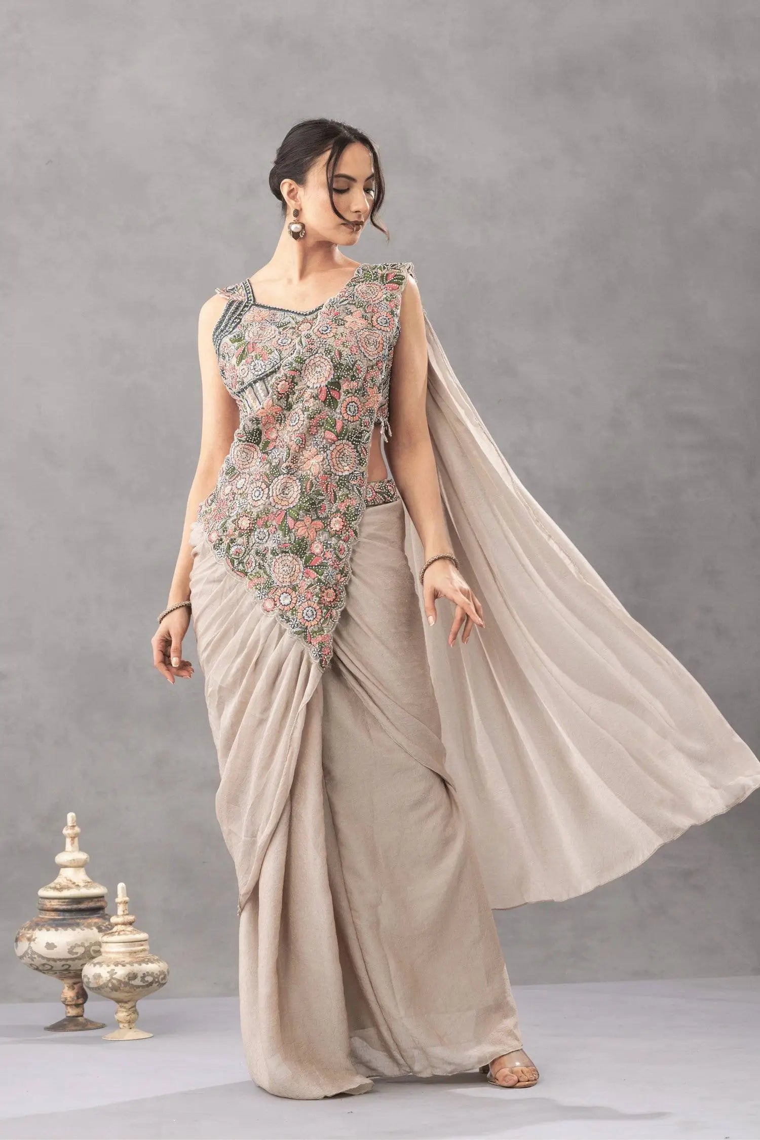 Designer Ready to Wear Embroidered Chinon Saree for Festive and Party Wear