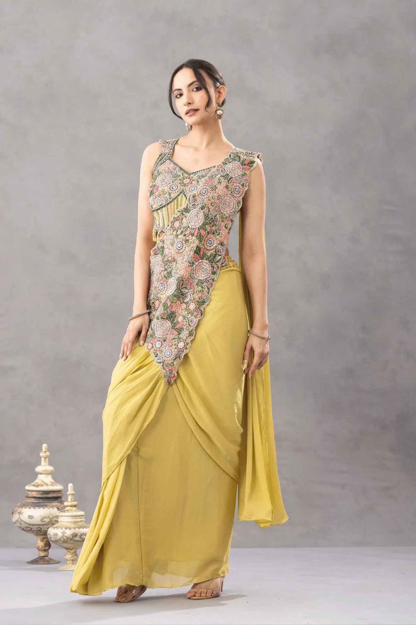 Designer Ready to Wear Embroidered Chinon Saree for Festive and Party Wear