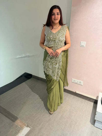 Designer Ready to Wear Embroidered Chinon Saree for Festive and Party Wear