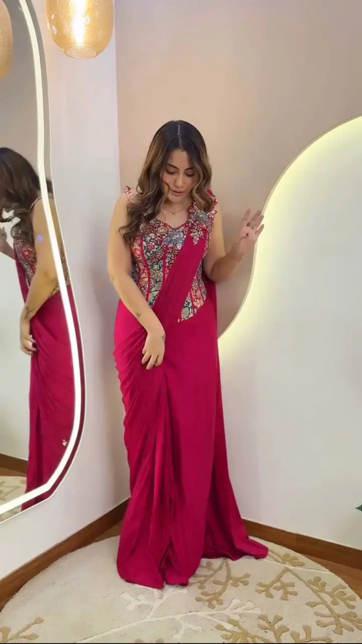 Designer Ready to Wear Embroidered Crepe Silk Saree for Festive and Party Wear