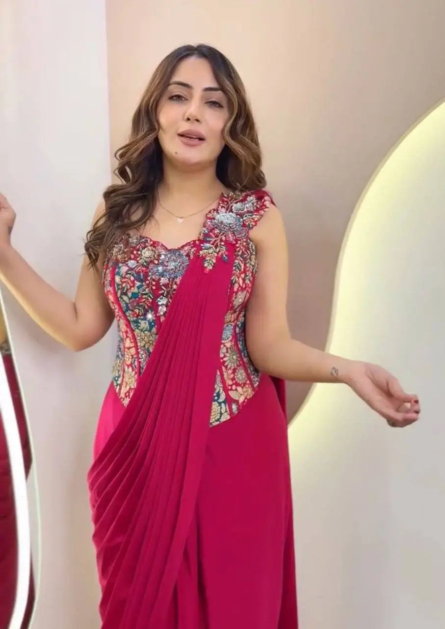 Designer Ready to Wear Embroidered Crepe Silk Saree for Festive and Party Wear