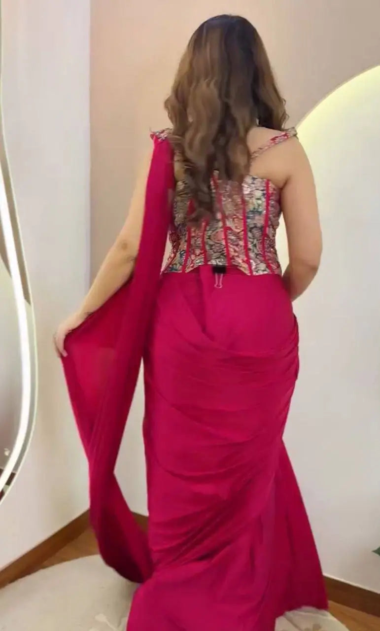 Designer Ready to Wear Embroidered Crepe Silk Saree for Festive and Party Wear