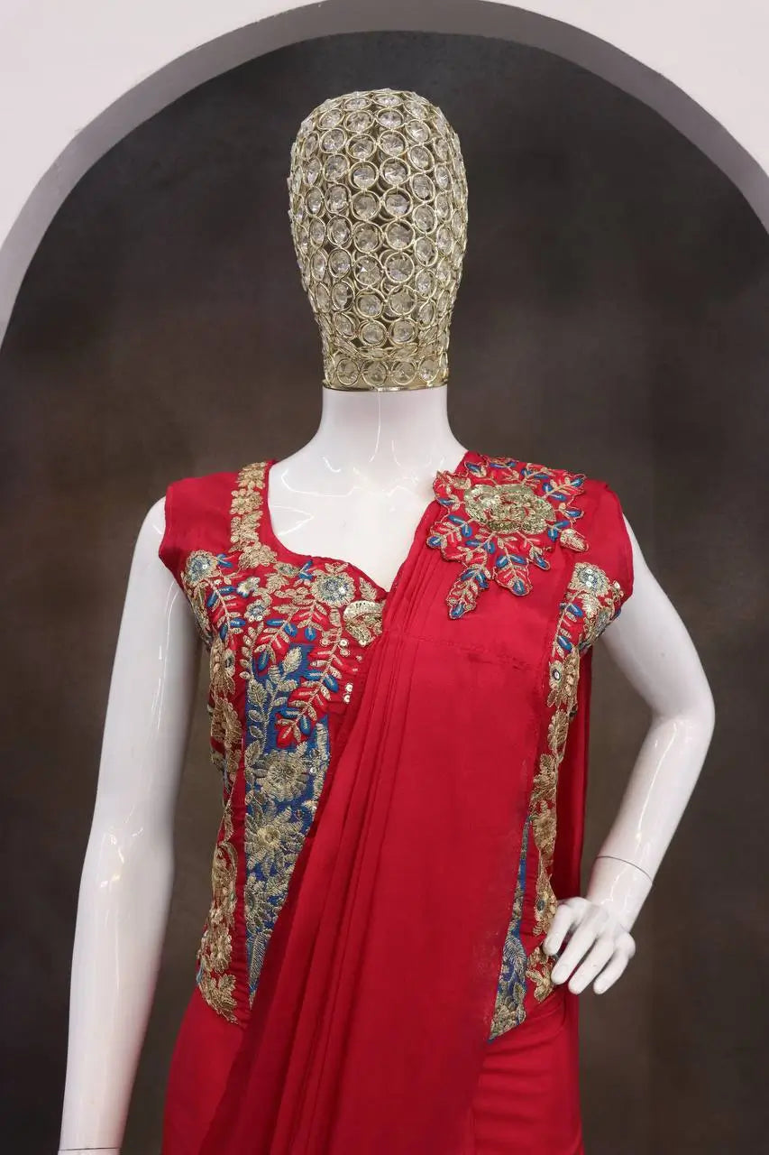 Designer Ready to Wear Embroidered Crepe Silk Saree for Festive and Party Wear