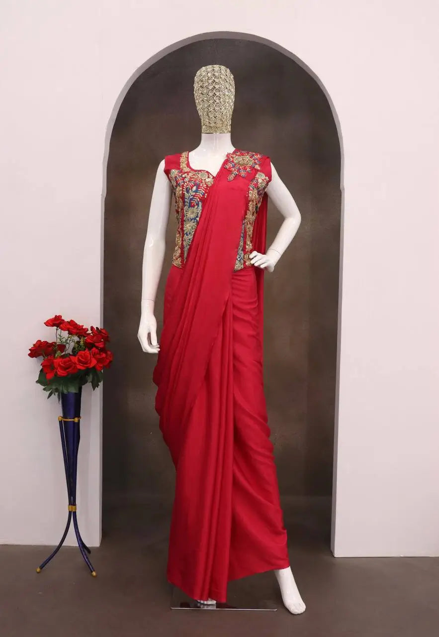 Designer Ready to Wear Embroidered Crepe Silk Saree for Festive and Party Wear