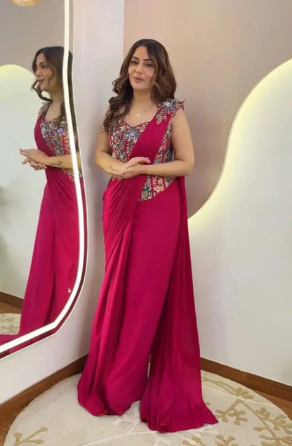 Designer Ready to Wear Embroidered Crepe Silk Saree for Festive and Party Wear