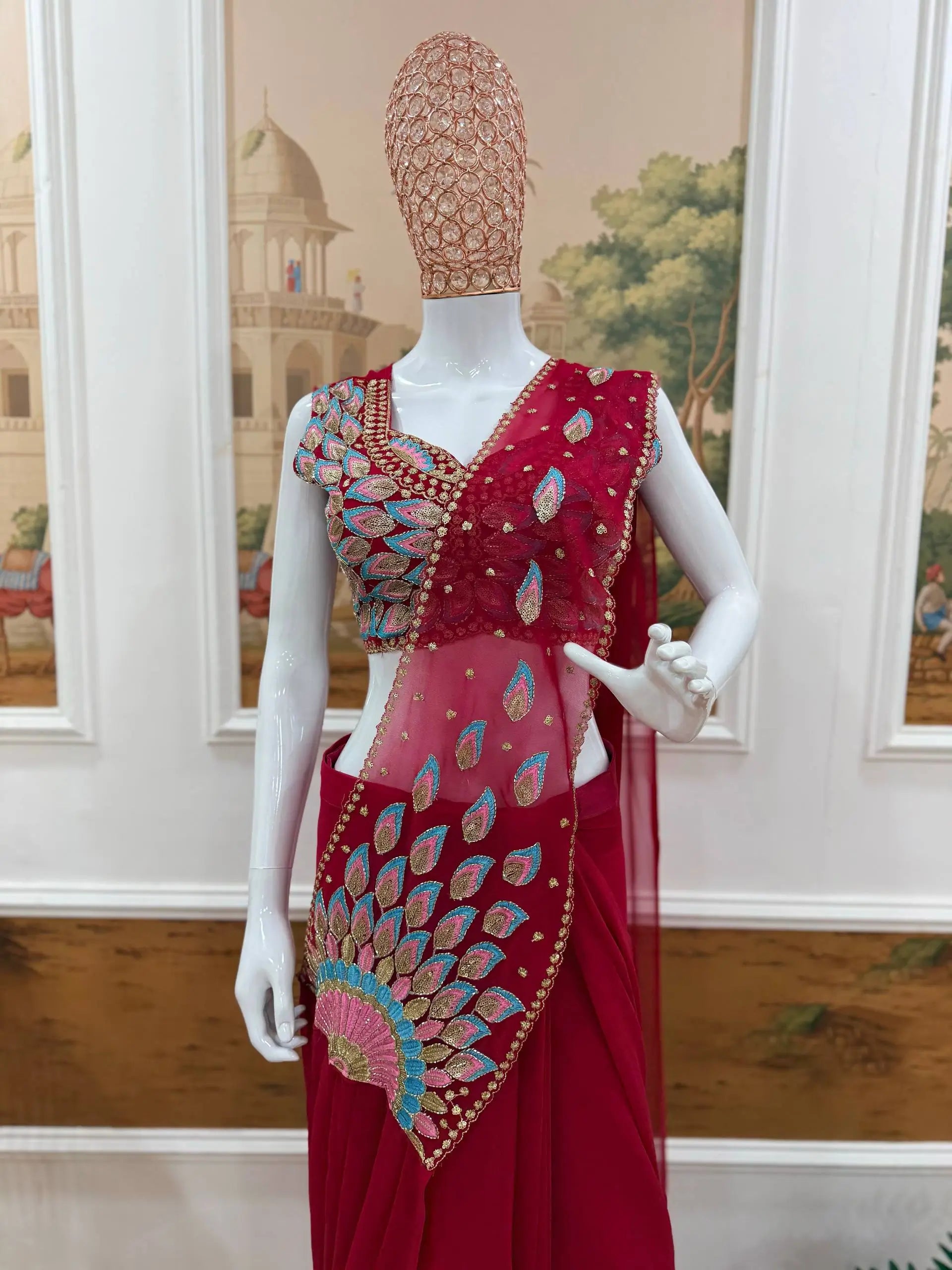 Designer Ready to Wear Embroidered Faux Georgette Saree for Festive and Party Wear