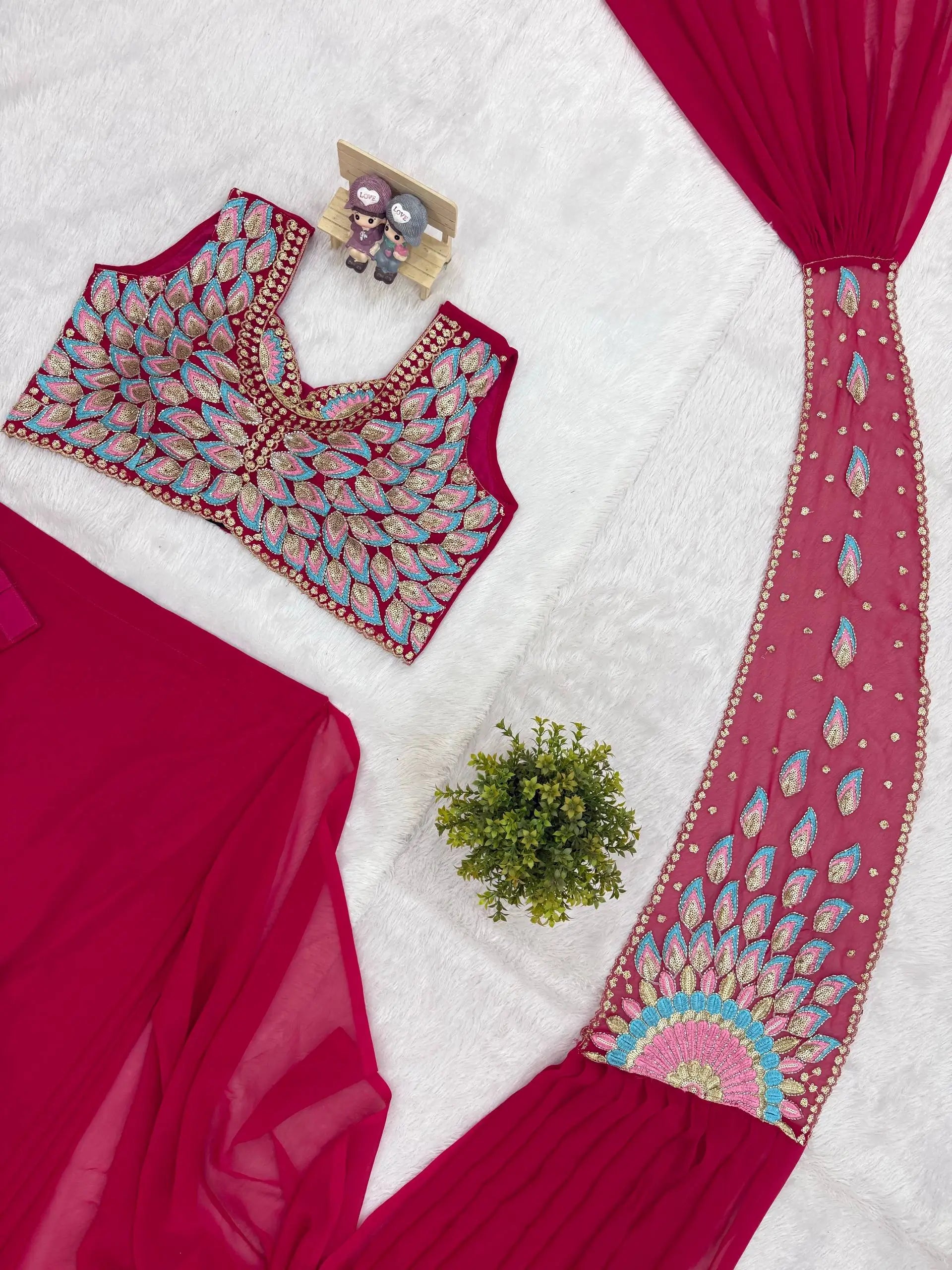 Designer Ready to Wear Embroidered Faux Georgette Saree for Festive and Party Wear