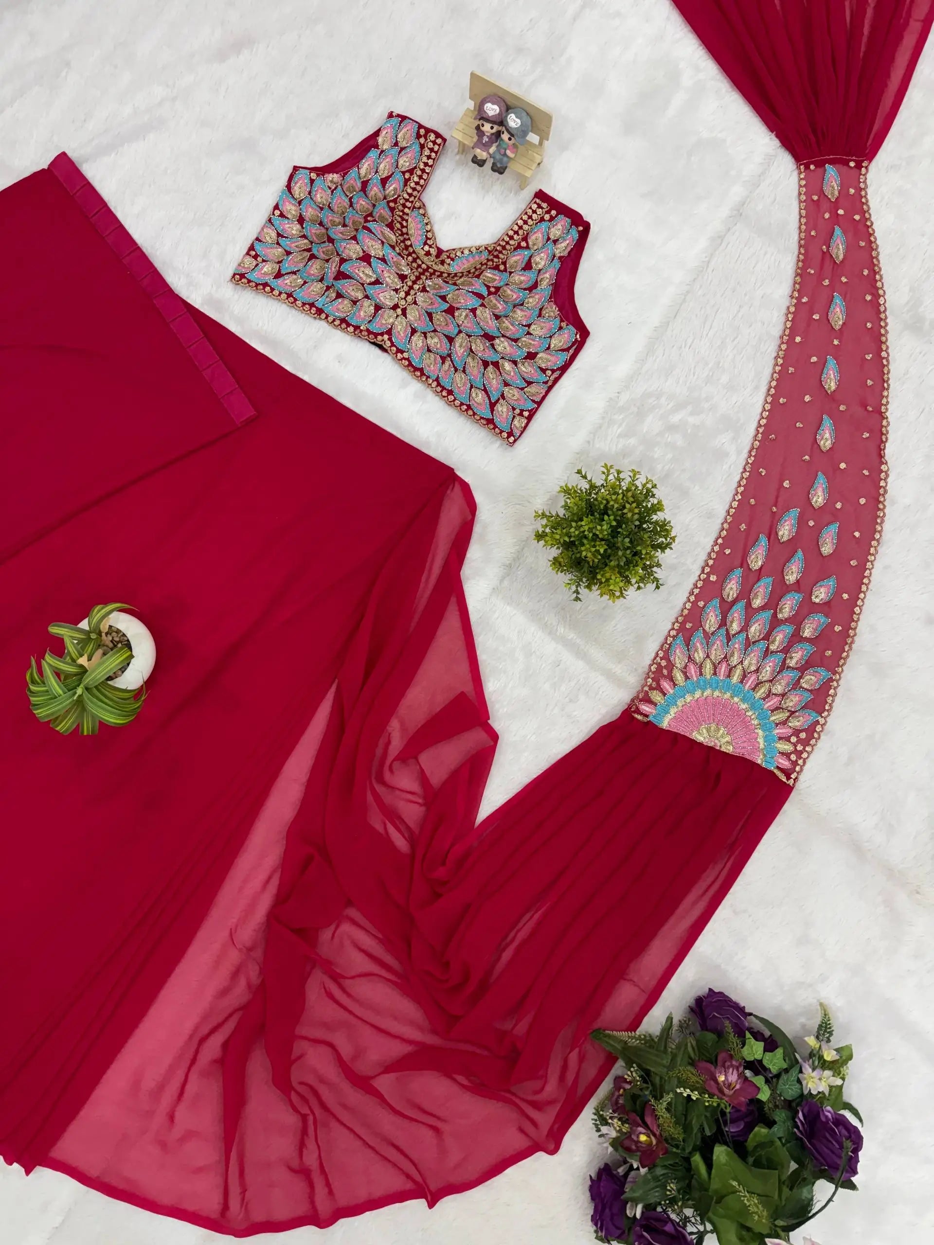 Designer Ready to Wear Embroidered Faux Georgette Saree for Festive and Party Wear