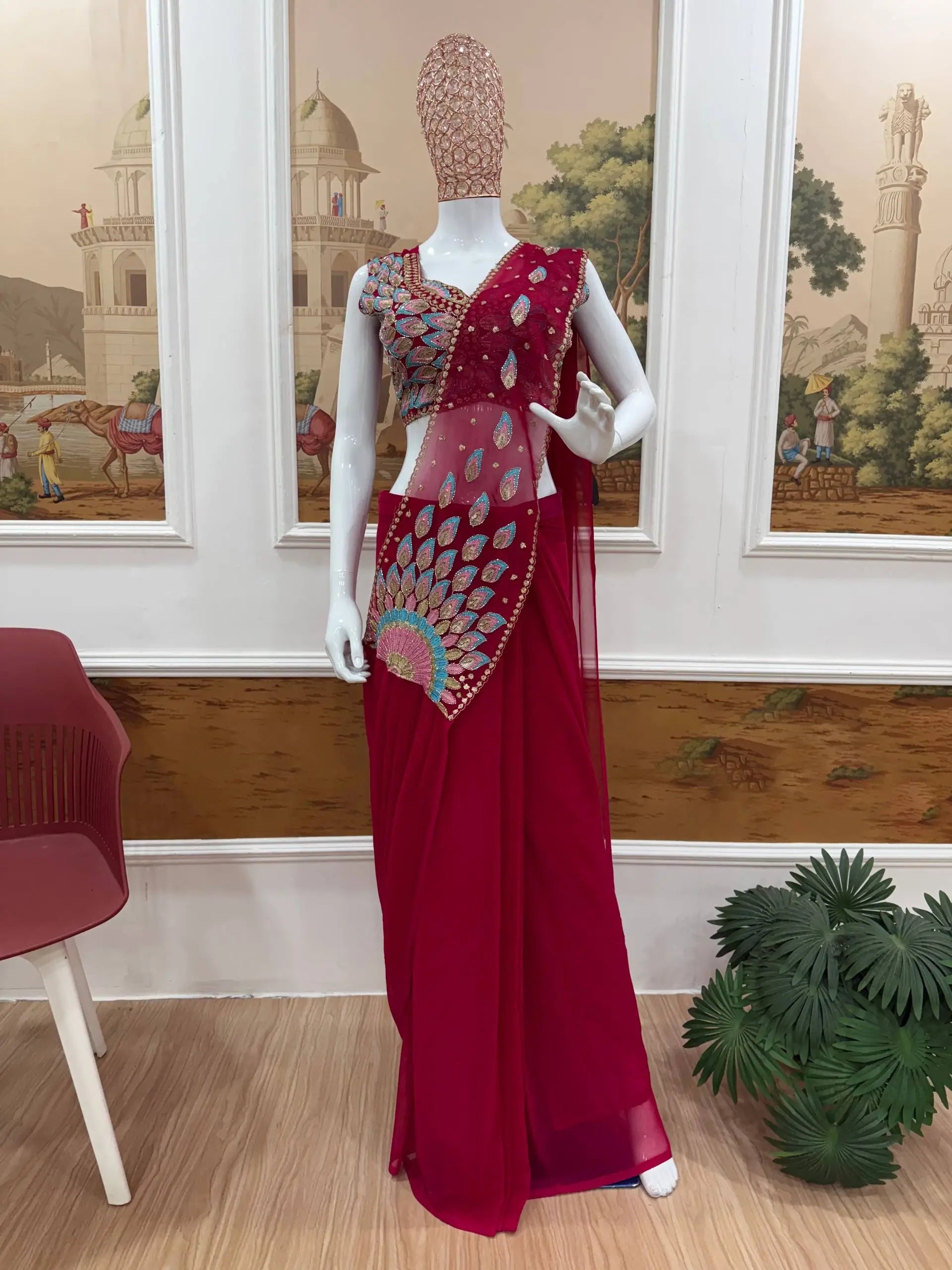 Designer Ready to Wear Embroidered Faux Georgette Saree for Festive and Party Wear