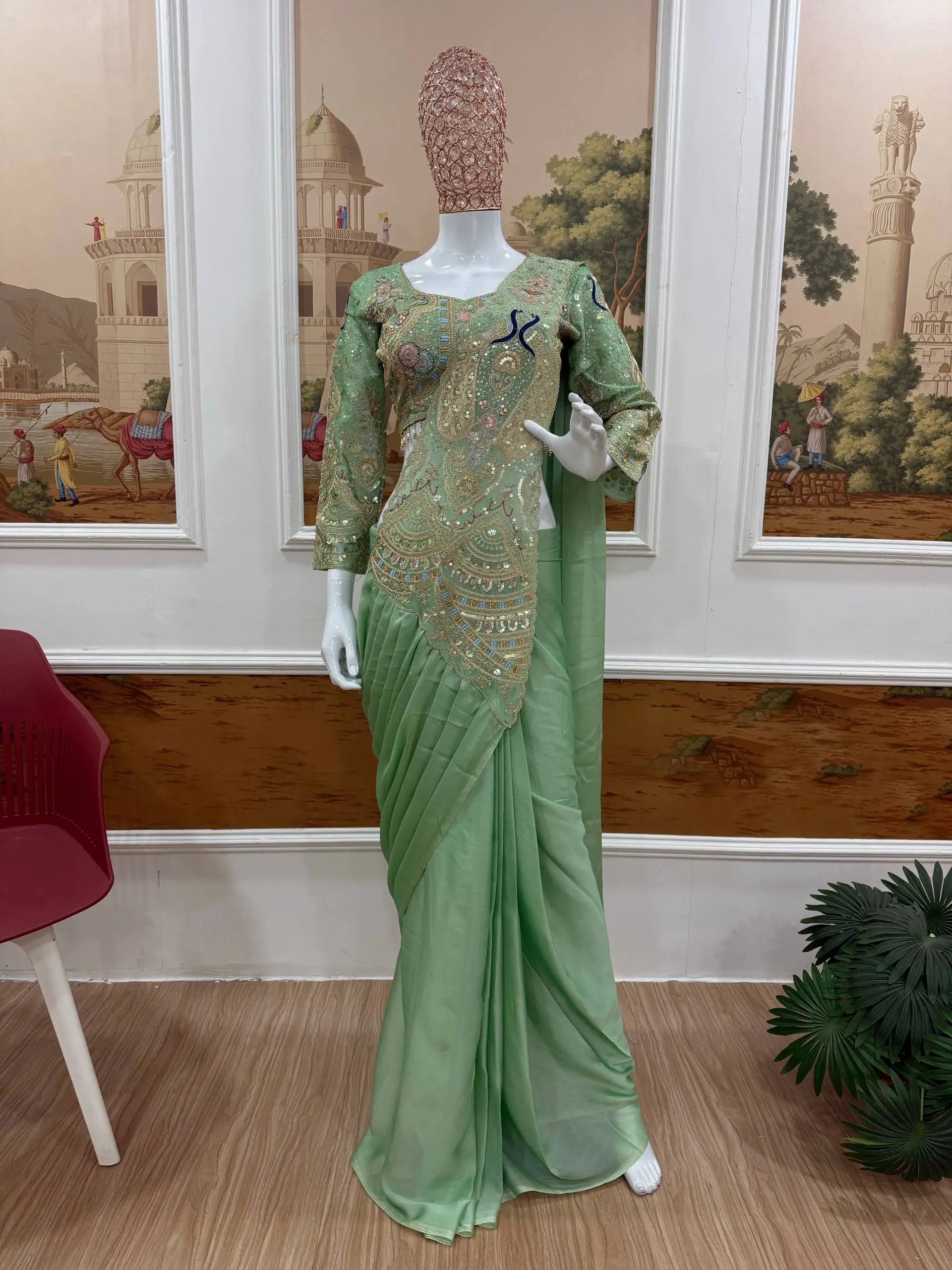 Designer Ready to Wear Embroidered Rangoli Silk Saree for Festive and Party Wear