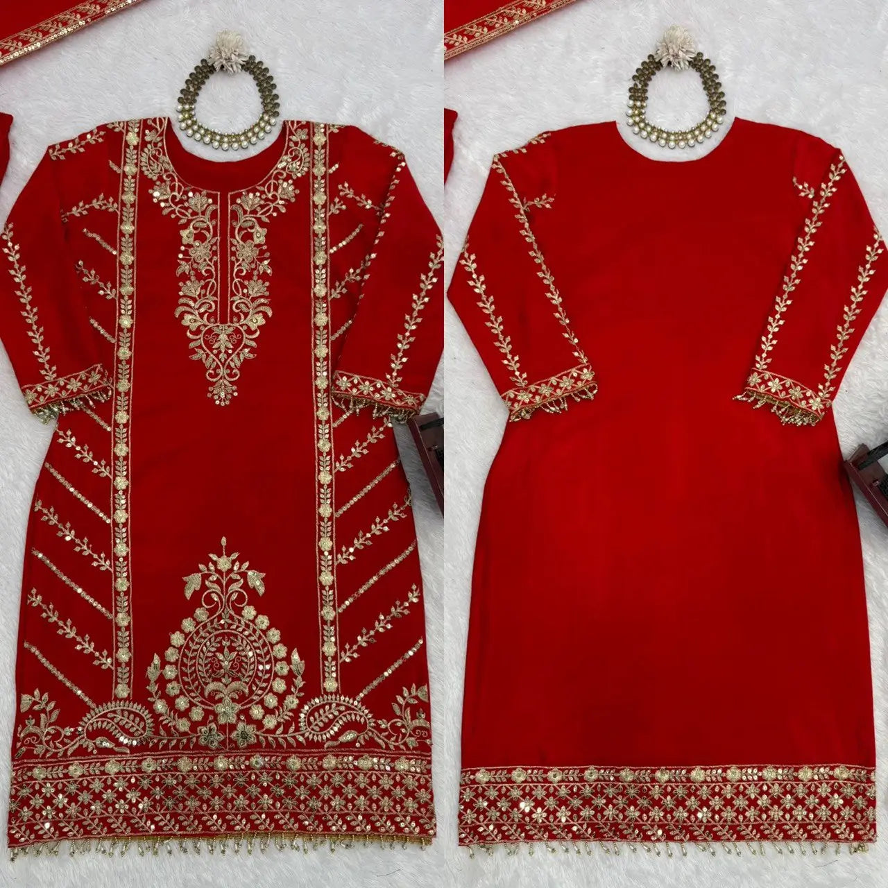 Designer Red Chinon Silk Embroidered Sharara Set with Dupatta | Wedding & Festive Wear