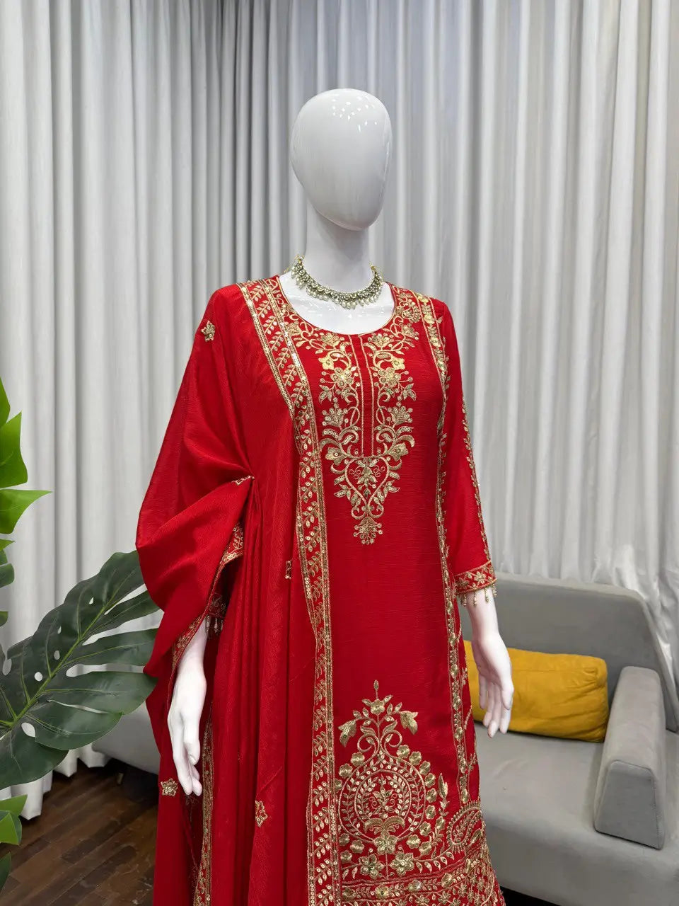 Designer Red Chinon Silk Embroidered Sharara Set with Dupatta | Wedding & Festive Wear