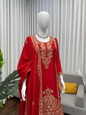 Designer Red Chinon Silk Embroidered Sharara Set with Dupatta | Wedding & Festive Wear