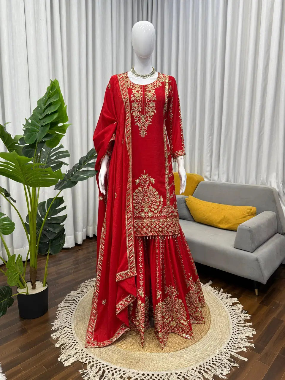 Designer Red Chinon Silk Embroidered Sharara Set with Dupatta | Wedding & Festive Wear