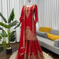 Designer Red Chinon Silk Embroidered Sharara Set with Dupatta | Wedding & Festive Wear