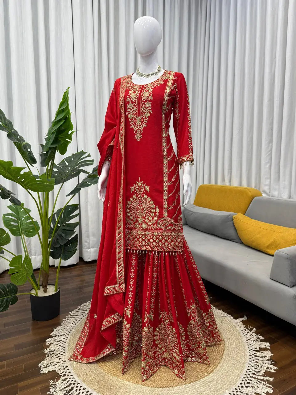 Designer Red Chinon Silk Embroidered Sharara Set with Dupatta | Wedding & Festive Wear