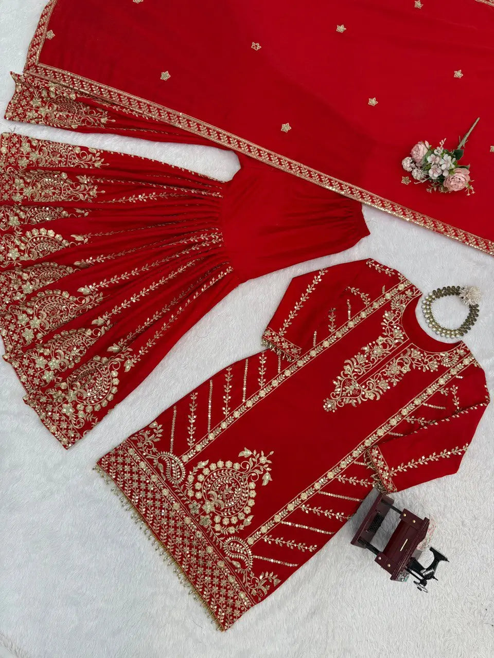Designer Red Chinon Silk Embroidered Sharara Set with Dupatta | Wedding & Festive Wear