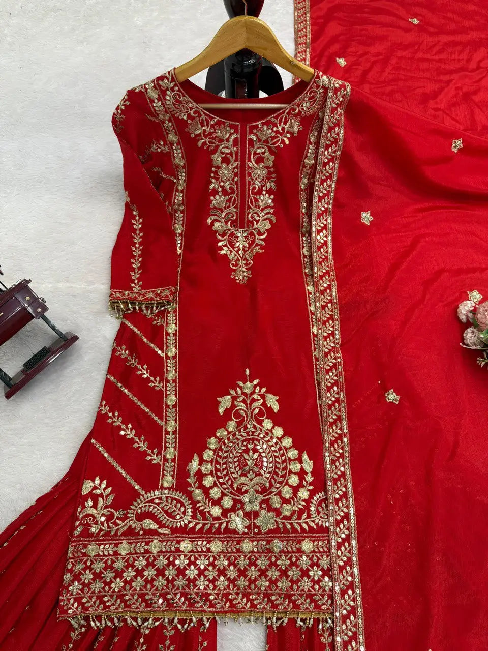 Designer Red Chinon Silk Embroidered Sharara Set with Dupatta | Wedding & Festive Wear