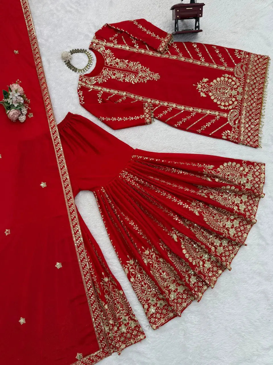 Designer Red Chinon Silk Embroidered Sharara Set with Dupatta | Wedding & Festive Wear