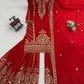 Designer Red Chinon Silk Embroidered Sharara Set with Dupatta | Wedding & Festive Wear