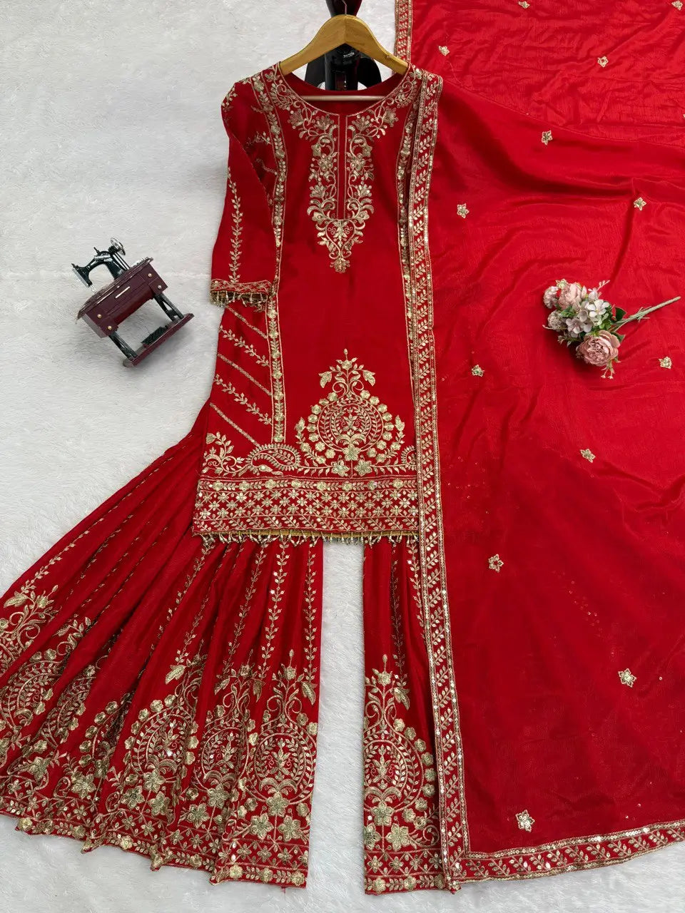 Designer Red Chinon Silk Embroidered Sharara Set with Dupatta | Wedding & Festive Wear
