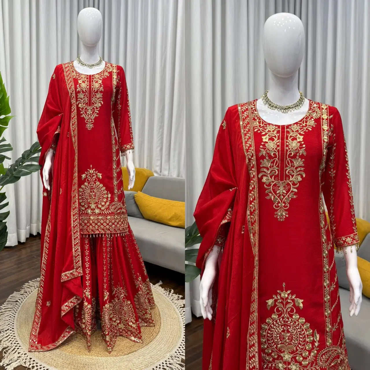 Designer Red Chinon Silk Embroidered Sharara Set with Dupatta | Wedding & Festive Wear