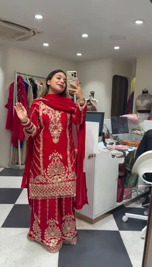 Designer Red Chinon Silk Embroidered Sharara Set with Dupatta | Wedding & Festive Wear