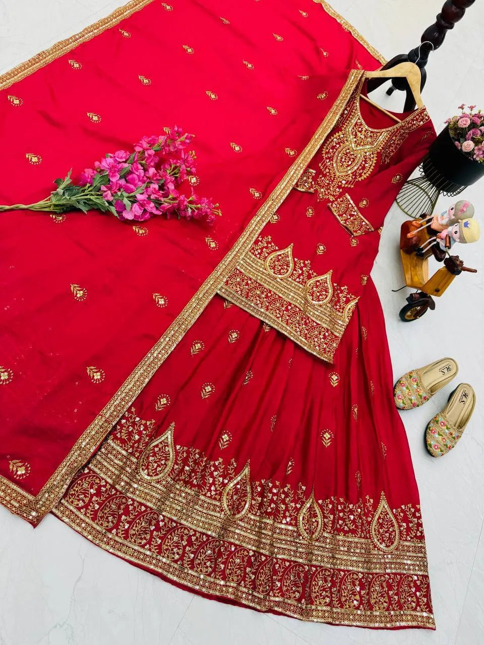 Designer Red Chinon Silk Lehenga Set with Heavy Embroidery & Sequins Work | Fully Stitched with Dupatta