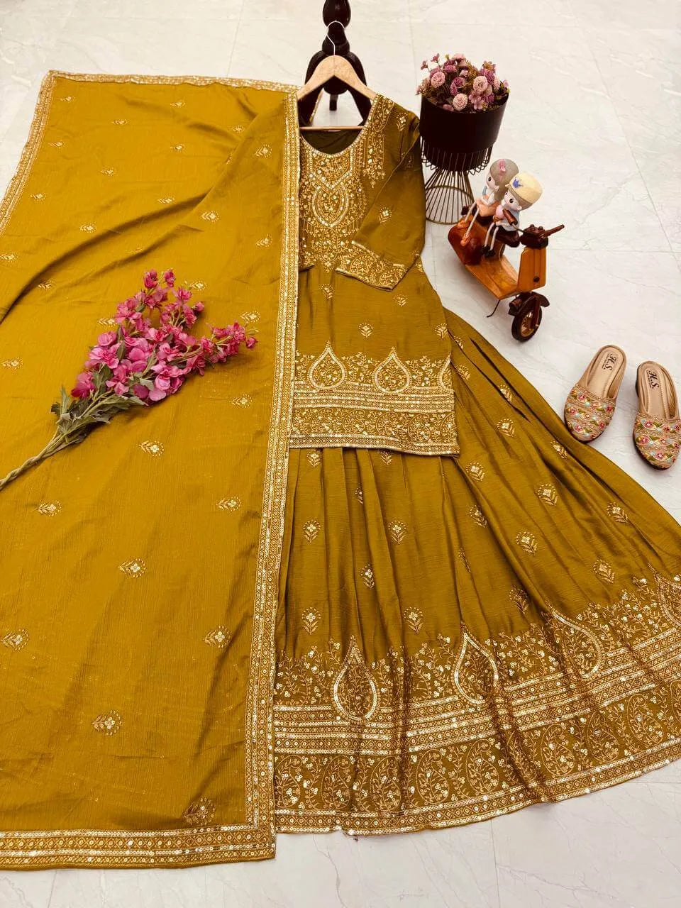 Designer Red Chinon Silk Lehenga Set with Heavy Embroidery & Sequins Work | Fully Stitched with Dupatta