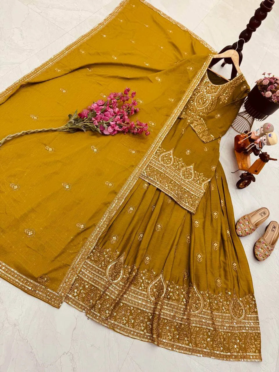 Designer Red Chinon Silk Lehenga Set with Heavy Embroidery & Sequins Work | Fully Stitched with Dupatta
