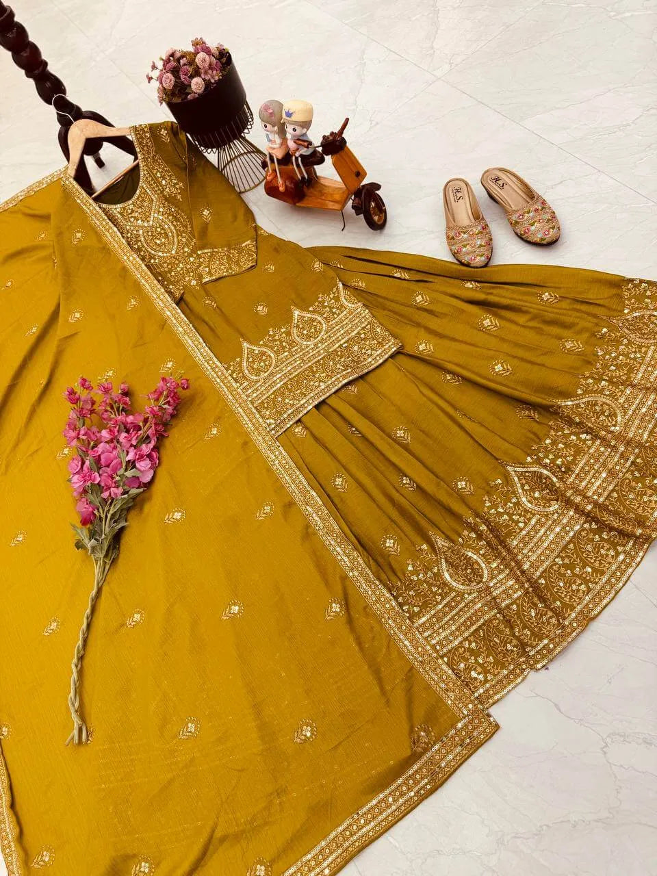 Designer Red Chinon Silk Lehenga Set with Heavy Embroidery & Sequins Work | Fully Stitched with Dupatta
