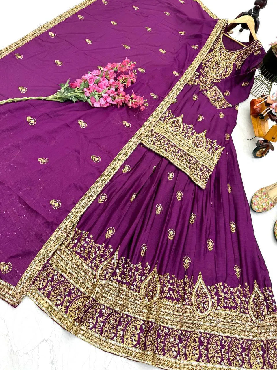 Designer Red Chinon Silk Lehenga Set with Heavy Embroidery & Sequins Work | Fully Stitched with Dupatta