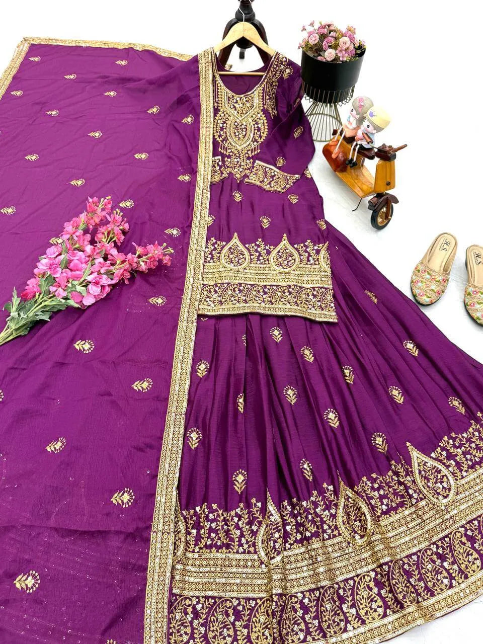 Designer Red Chinon Silk Lehenga Set with Heavy Embroidery & Sequins Work | Fully Stitched with Dupatta