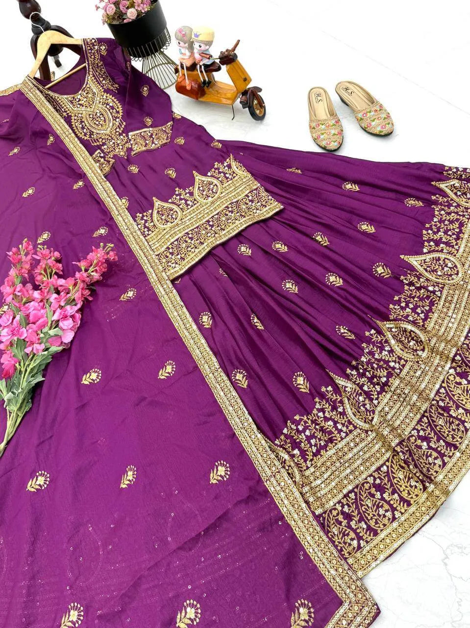 Designer Red Chinon Silk Lehenga Set with Heavy Embroidery & Sequins Work | Fully Stitched with Dupatta