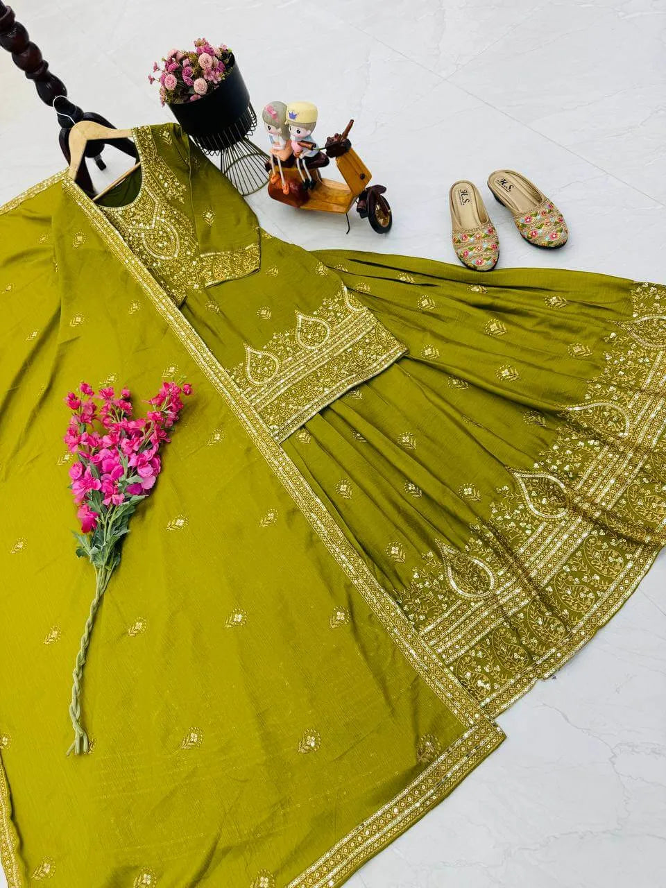 Designer Red Chinon Silk Lehenga Set with Heavy Embroidery & Sequins Work | Fully Stitched with Dupatta
