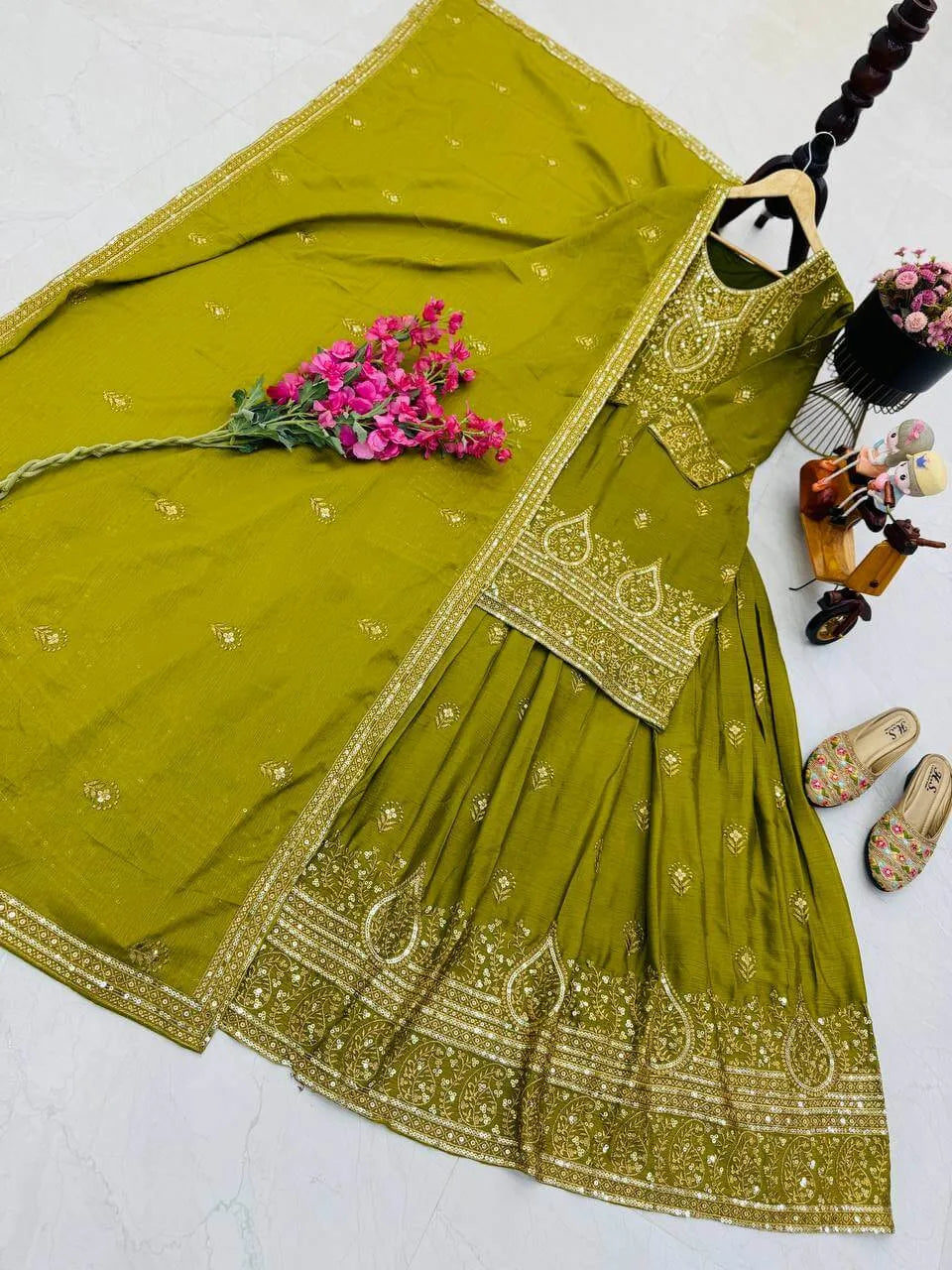 Designer Red Chinon Silk Lehenga Set with Heavy Embroidery & Sequins Work | Fully Stitched with Dupatta
