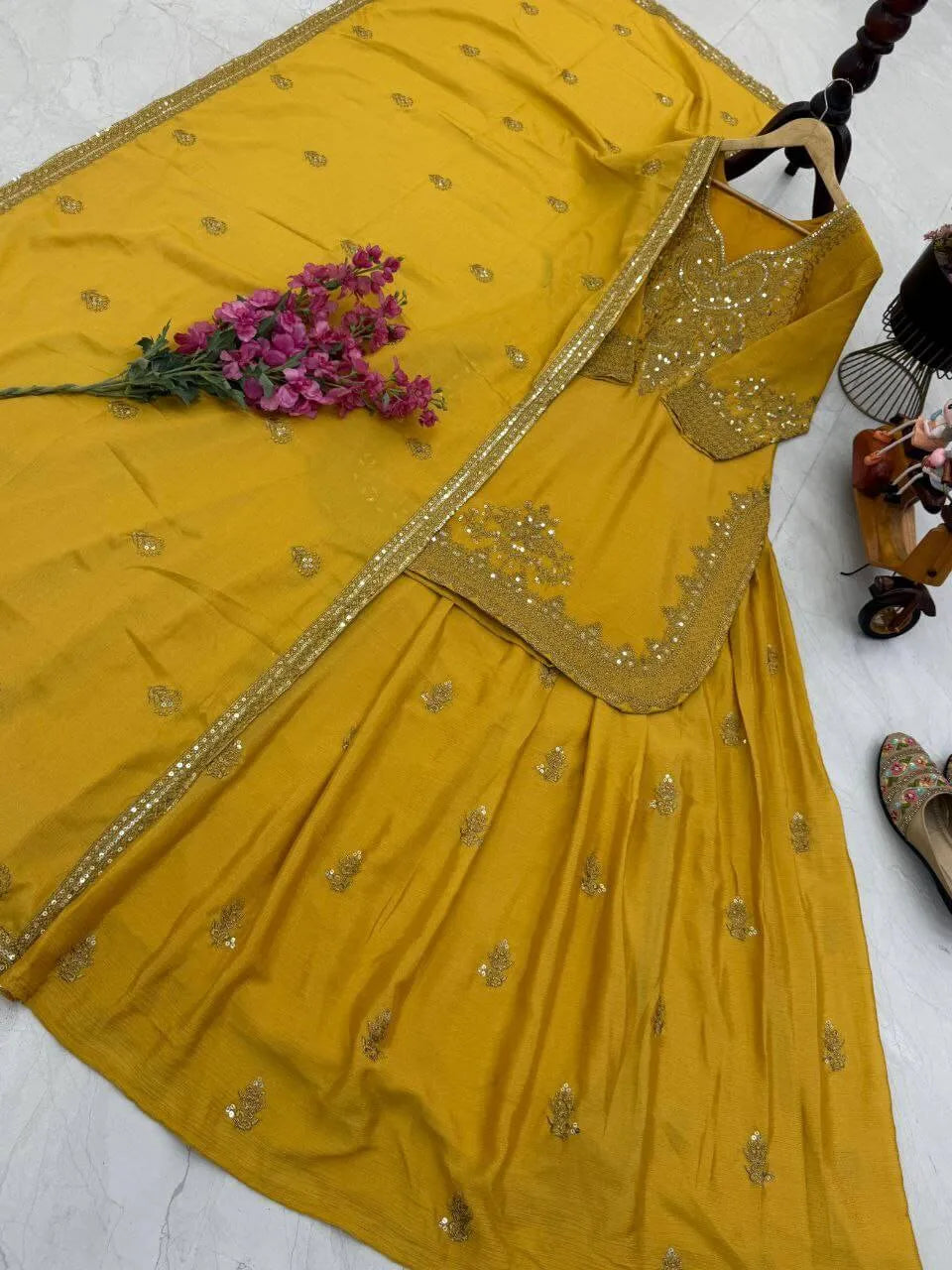 Designer Red Chinon Silk Lehenga Set with Heavy Embroidery & Sequins Work | Fully Stitched with Dupatta