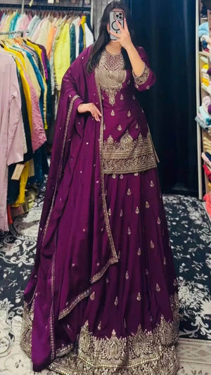 Designer Red Chinon Silk Lehenga Set with Heavy Embroidery & Sequins Work | Fully Stitched with Dupatta