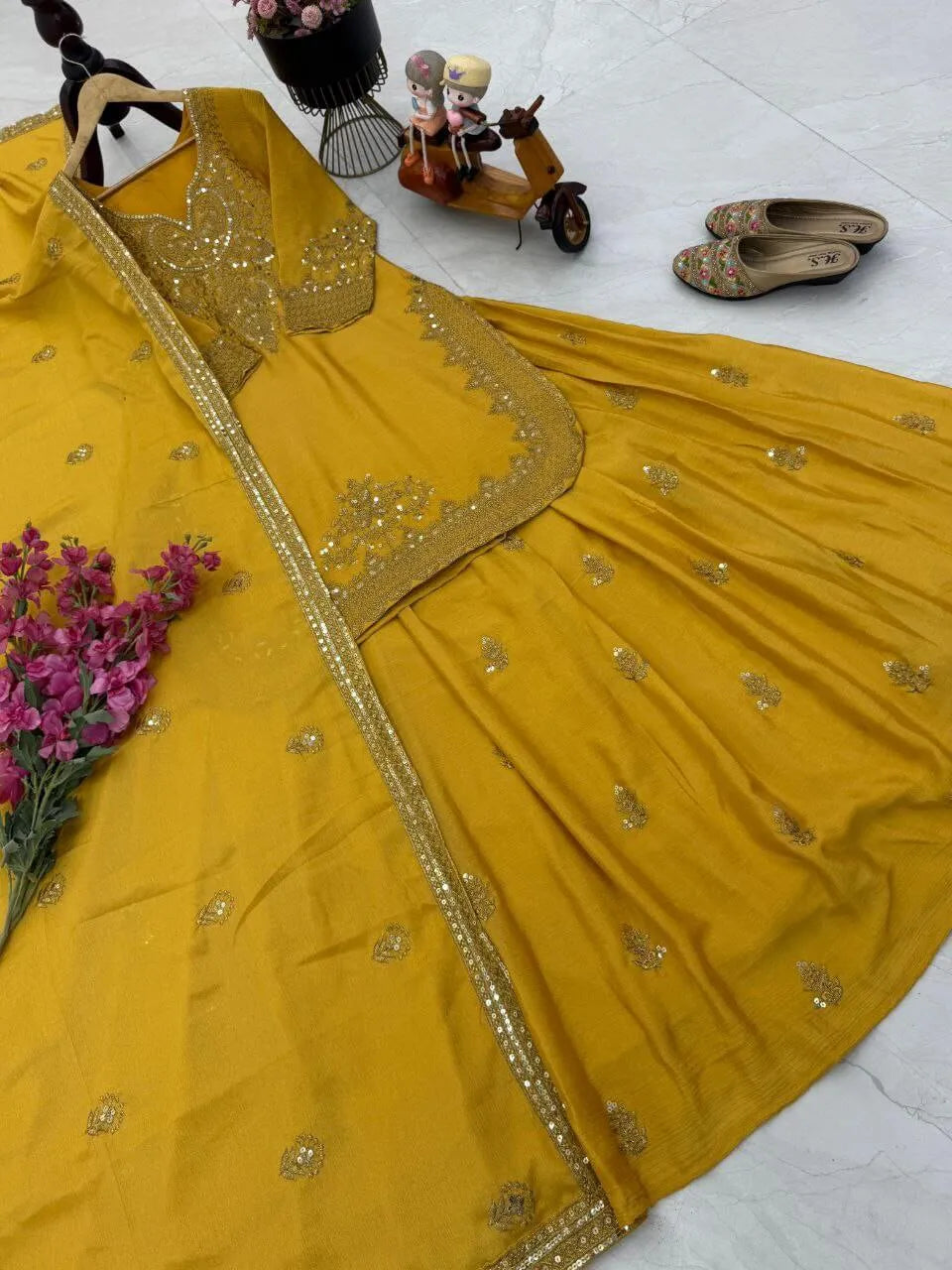 Designer Red Chinon Silk Lehenga Set with Heavy Embroidery & Sequins Work | Fully Stitched with Dupatta