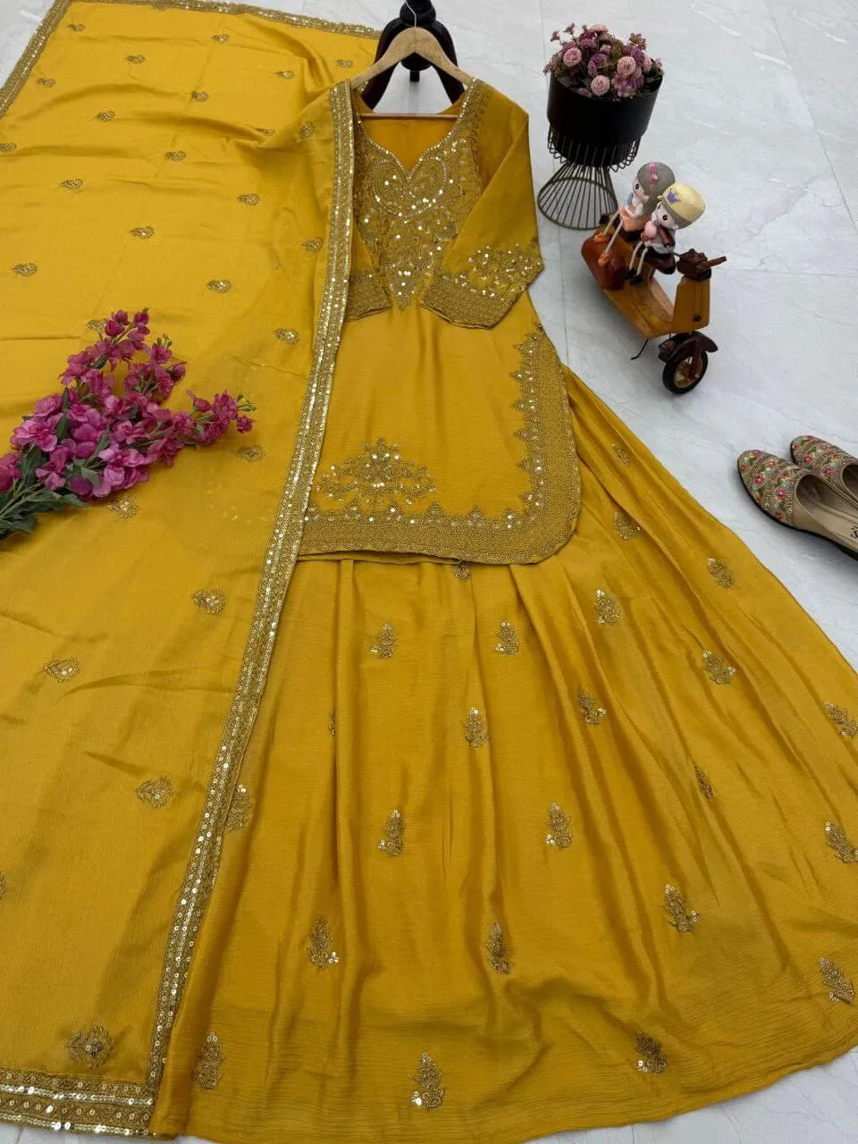 Designer Red Chinon Silk Lehenga Set with Heavy Embroidery & Sequins Work | Fully Stitched with Dupatta
