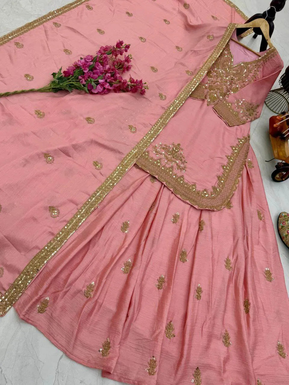 Designer Red Chinon Silk Lehenga Set with Heavy Embroidery & Sequins Work | Fully Stitched with Dupatta