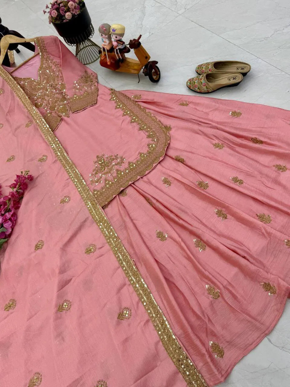 Designer Red Chinon Silk Lehenga Set with Heavy Embroidery & Sequins Work | Fully Stitched with Dupatta