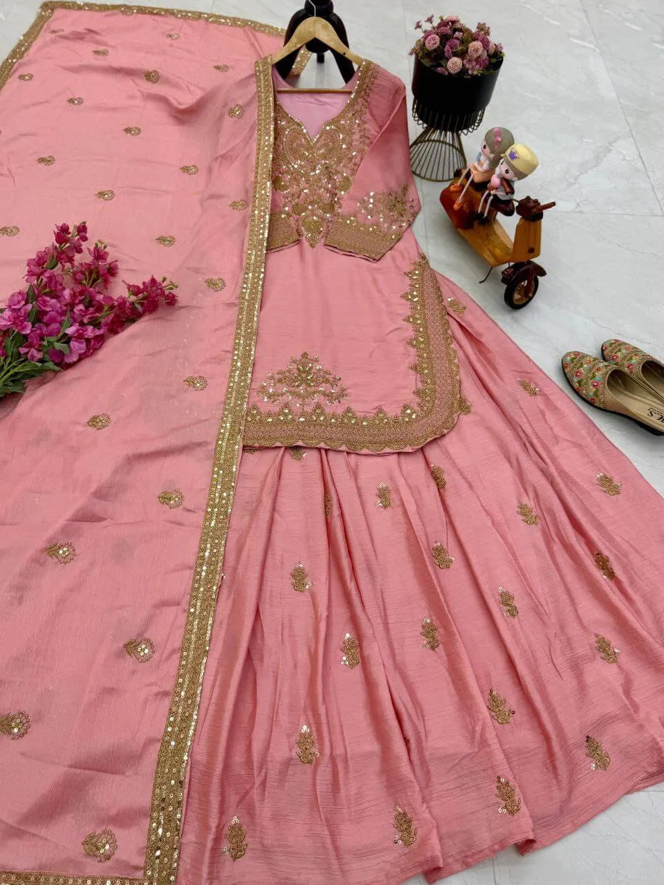 Designer Red Chinon Silk Lehenga Set with Heavy Embroidery & Sequins Work | Fully Stitched with Dupatta
