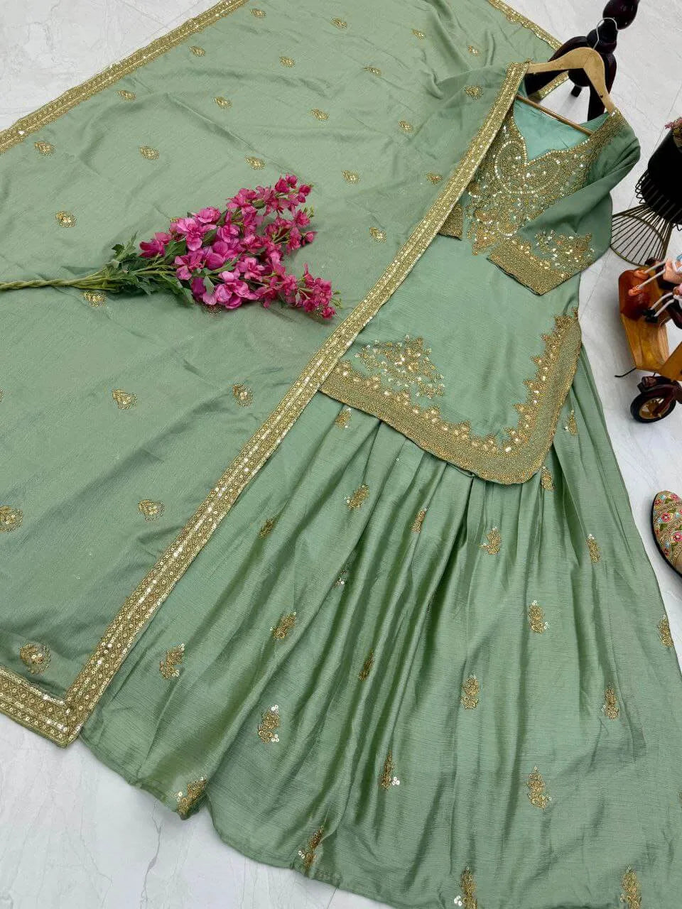 Designer Red Chinon Silk Lehenga Set with Heavy Embroidery & Sequins Work | Fully Stitched with Dupatta